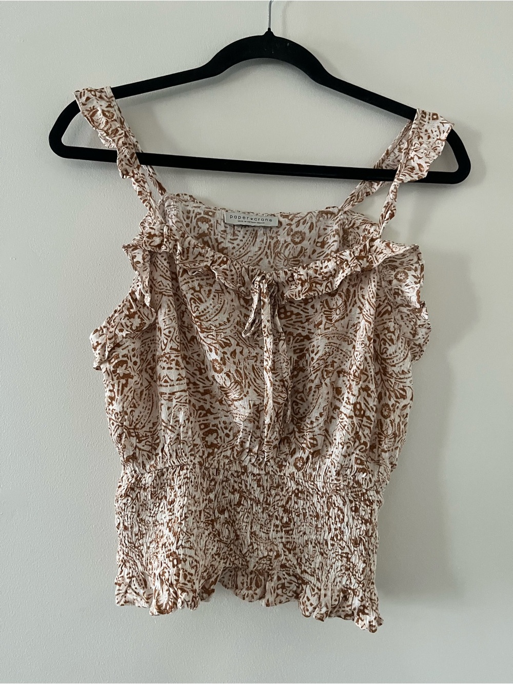 Brown White Paisley Print Ruffle Tank Top Medium Euro Summer Coastal Vacation